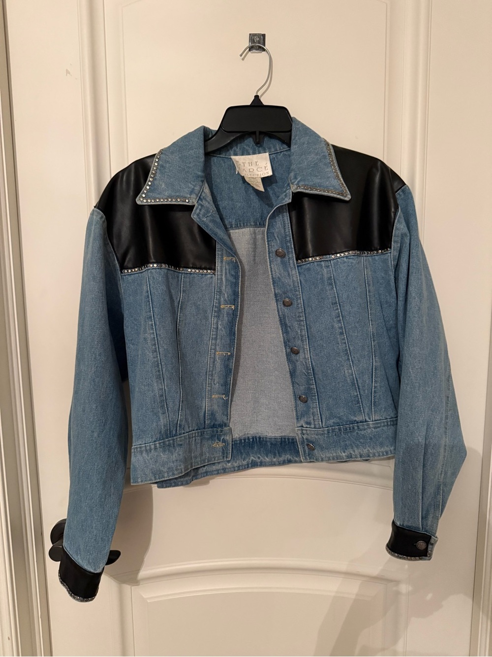 Light Blue Denim Jacket with Black Faux Leather Yoke and Cuffs by